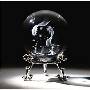 60Mm 3D Engraved Crystal Ball with Stand Fish Paperweight Glass Spheres Decorati
